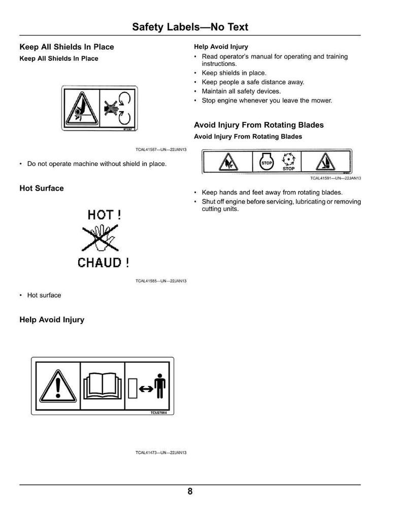 May include: A page of safety labels with warning symbols and instructions. The labels include warnings about shields, rotating blades, and hot surfaces. The text includes "Keep All Shields In Place" and "Help Avoid Injury."