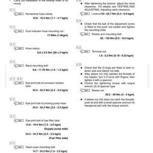 May include: Diagram of fuel injector assembly with torque specifications in Newton-meters and kgm. Includes instructions for installation, tightening, and adjustment of various components like clamps, bolts, and nuts. Text includes measurements.