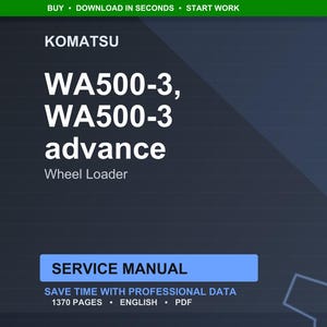 K&ouml;nnte beinhalten: Ein dunkelblaues digitales Dokumentcover mit dem Komatsu-Logo und Text. Der Text lautet "WA500-3, WA500-3 advance Wheel Loader." Darunter befindet sich ein blaues Rechteck mit "SERVICE MANUAL" und Details: 1370 Seiten, Englisch, PDF.