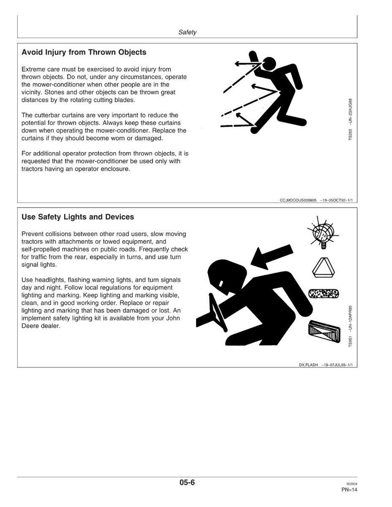 May include: Safety instructions page with illustrations. The top section warns about avoiding injury from thrown objects, featuring a diagram of a person and flying debris. The bottom section advises on using safety lights and devices.