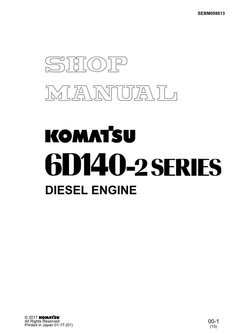 May include: A white page with the text "SHOP MANUAL" in a hollow font. Below, the KOMATSU logo is displayed, followed by "6D140-2 SERIES" and "DIESEL ENGINE" in bold, black font. The document is a shop manual.