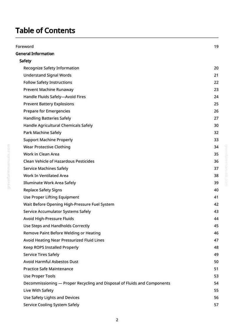 May include: A page from a manual titled "Table of Contents" with a list of safety-related topics. The text is black on a white background, with topics like "Prevent Machine Runaway" and "Handle Fluids Safely."