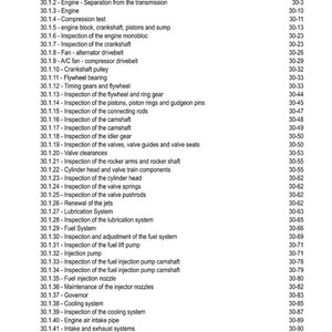May include: A page from a manual titled "CONTENTS" with a list of engine-related topics. The list includes topics like "Engine," "Crankshaft," and "Fuel System," with corresponding page numbers.