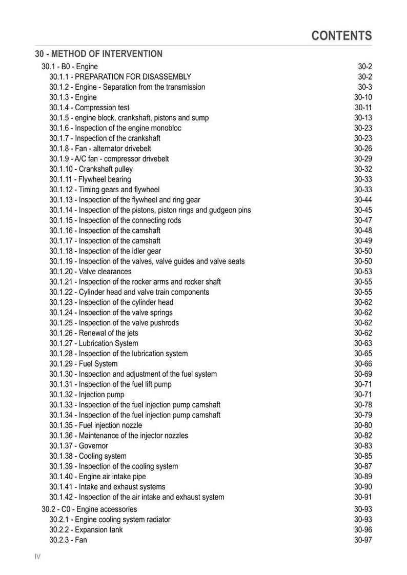 May include: A page from a manual titled "CONTENTS" with a list of engine-related topics. The list includes topics like "Engine," "Crankshaft," and "Fuel System," with corresponding page numbers.