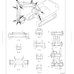 May include: Diagram of work equipment, including an excavator, with labels A through K. The diagram also includes detailed drawings of various components labeled A-A through K-K. Text at the top reads "10 Structure, function and maintenance standard."