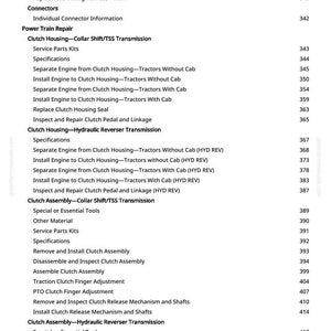 May include: A detailed page from a manual, listing various tractor repair procedures. The text includes sections on wiring harnesses, connectors, and clutch assembly, with corresponding page numbers. The document is printed on white paper.