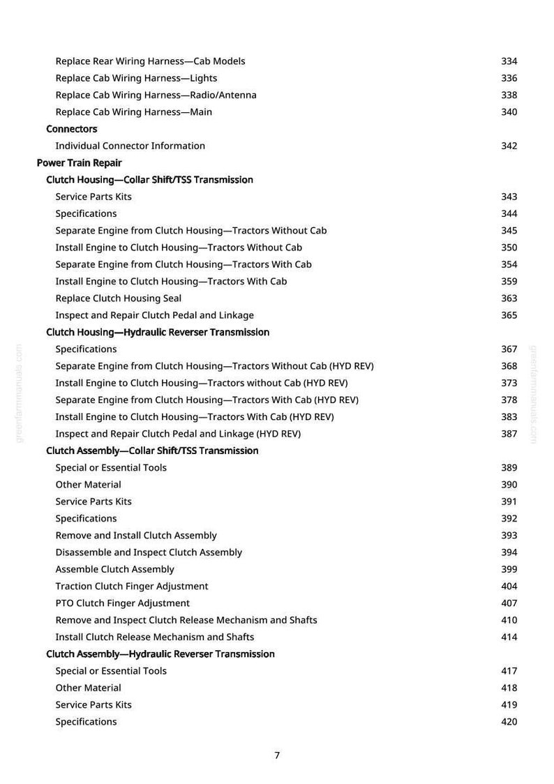 May include: A detailed page from a manual, listing various tractor repair procedures. The text includes sections on wiring harnesses, connectors, and clutch assembly, with corresponding page numbers. The document is printed on white paper.