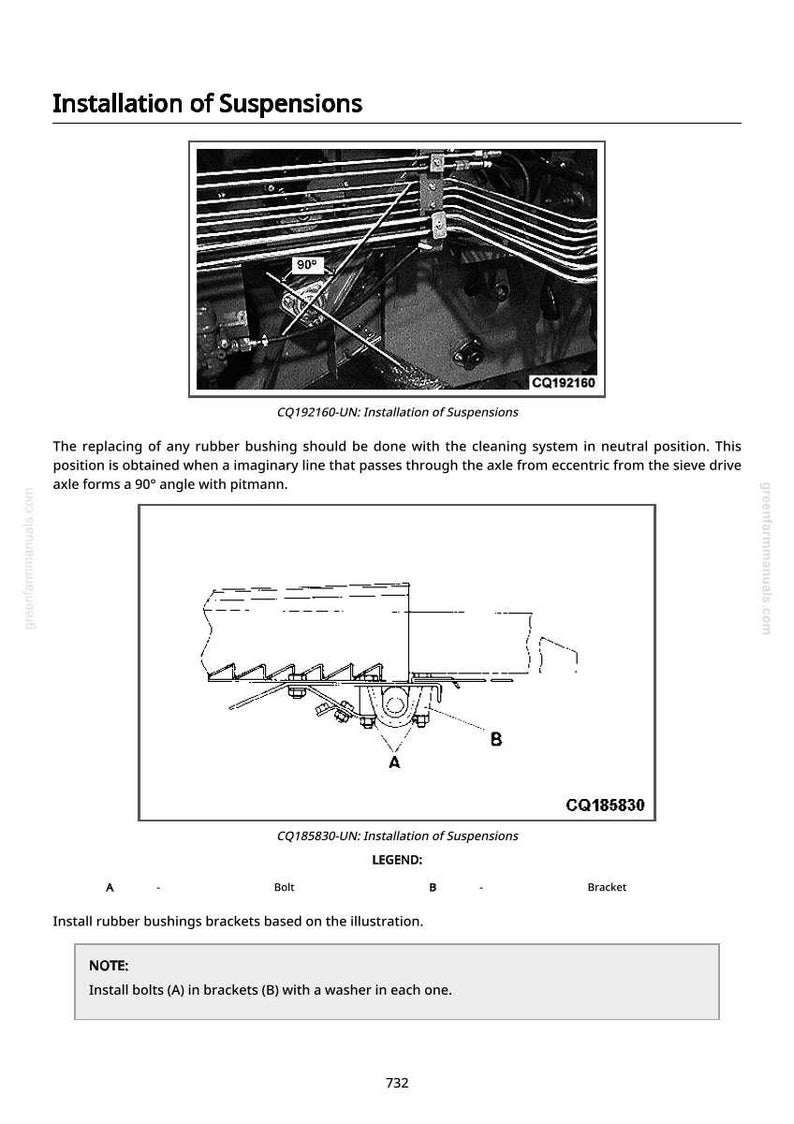 May include: Diagram illustrating the installation of suspensions, featuring detailed mechanical components and labels. The image includes text instructions and a 90-degree angle indicator for precise alignment. The diagram is labeled with part numbers and a legend.