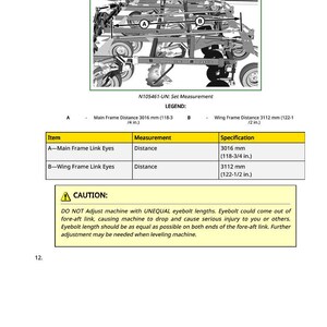May include: Diagram of a machine with measurements. The main frame distance is 3016 mm (118-3/4 in.), and the wing frame distance is 3112 mm (122-1/2 in.). A caution is included about unequal eyebolt lengths.