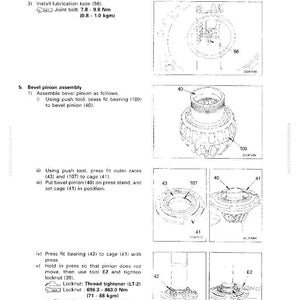 May include: Technical diagram illustrating the disassembly and assembly of a bevel pinion. The diagram includes detailed steps, part numbers, and torque specifications for the HSS case. Includes images of components like the lubrication tube, bearings, and cage.