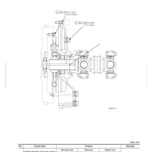 Op de afbeelding: Technische tekening met tekst die structuur-, functie- en onderhoudsnormen detailleert. Bevat metingen in Nm en mm, met een tabel met controle-items, standaardmaten, toleranties en reparatielimieten. Het diagram is gelabeld SEN01136-00.