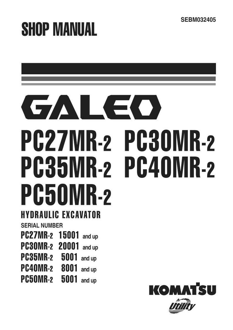 May include: A shop manual with the title "SHOP MANUAL" and the brand name "GALEO" in bold, black letters. The manual lists excavator models PC27MR-2, PC30MR-2, PC35MR-2, PC40MR-2, and PC50MR-2. The Komatsu Utility logo is at the bottom.