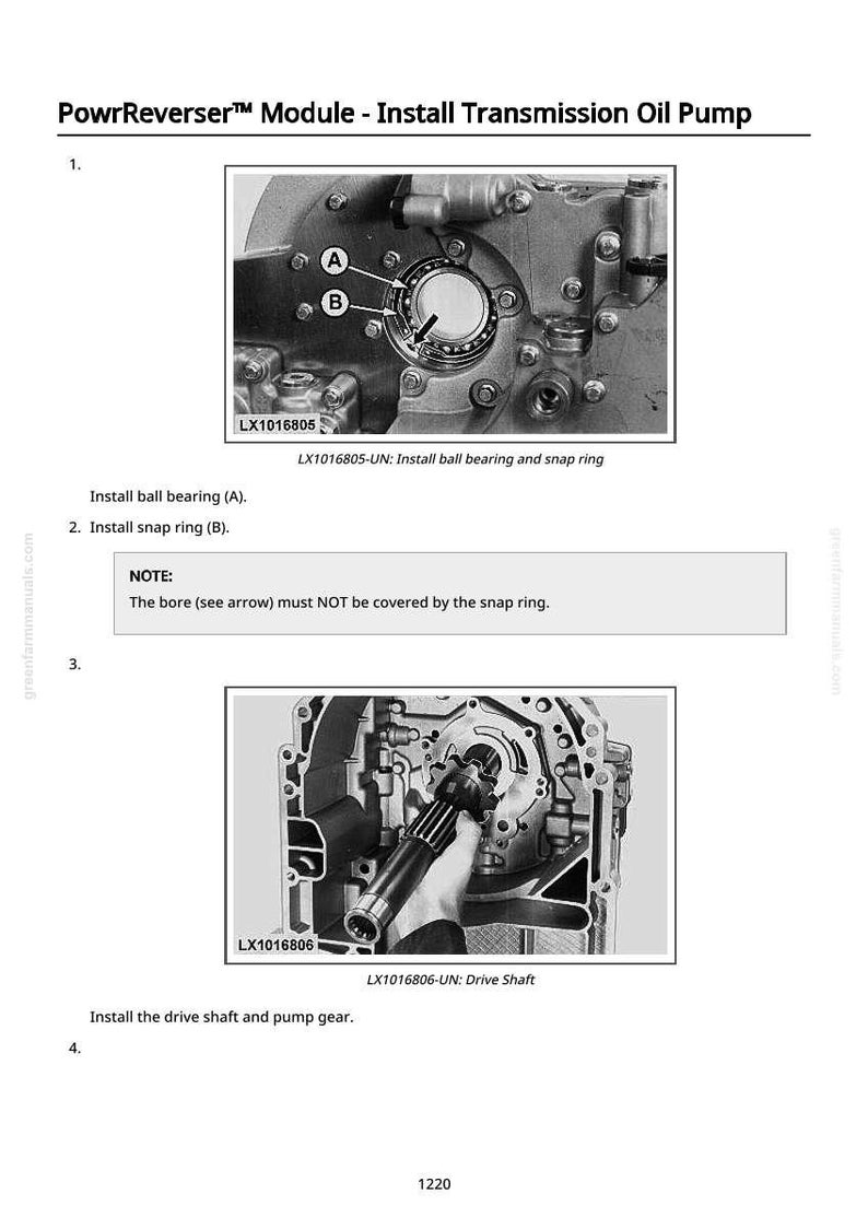 Pode incluir: Diagramas t&eacute;cnicos de um manual que detalham a instala&ccedil;&atilde;o de uma bomba de &oacute;leo da transmiss&atilde;o. As imagens mostram a instala&ccedil;&atilde;o de rolamentos de esferas, an&eacute;is de press&atilde;o e o eixo de transmiss&atilde;o. O texto inclui "PowrReverser Module" e "Install Transmission Oil Pump".