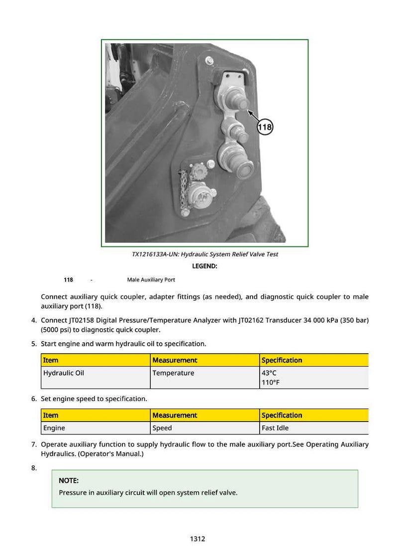 May include: Diagram of a hydraulic system relief valve test, featuring a male auxiliary port labeled 118. The image includes temperature specifications for hydraulic oil, listed at 43&deg;C (110&deg;F).