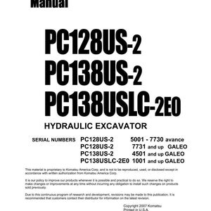 Op de afbeelding: Een wit werkplaatshandboek met de titel "Shop Manual" met de tekst "PC128US-2, PC138US-2, PC138USLC-2E0 Hydraulic Excavator." Bevat serienummers en copyrightinformatie van Komatsu America Corp.