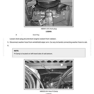 K&ouml;nnte beinhalten: Diagramm, das die Entfernung eines Ablassstopfens und einer P-Klemme von einem Fahrzeug zeigt. Das Bild enth&auml;lt Nahaufnahmen der Komponenten mit Beschriftungen und Anweisungen. Der Text enth&auml;lt "Drain Plug" und "Hose P-Clamp".
