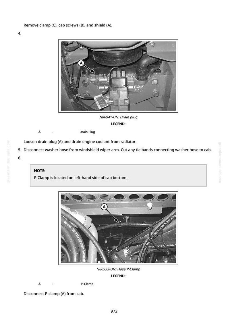 K&ouml;nnte beinhalten: Diagramm, das die Entfernung eines Ablassstopfens und einer P-Klemme von einem Fahrzeug zeigt. Das Bild enth&auml;lt Nahaufnahmen der Komponenten mit Beschriftungen und Anweisungen. Der Text enth&auml;lt "Drain Plug" und "Hose P-Clamp".