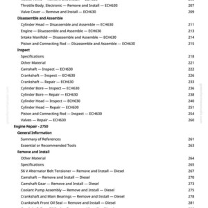 May include: A page from a manual with a table of contents for engine repair. The text includes sections on disassembly, inspection, and removal of engine components, such as the cylinder head and crankshaft.