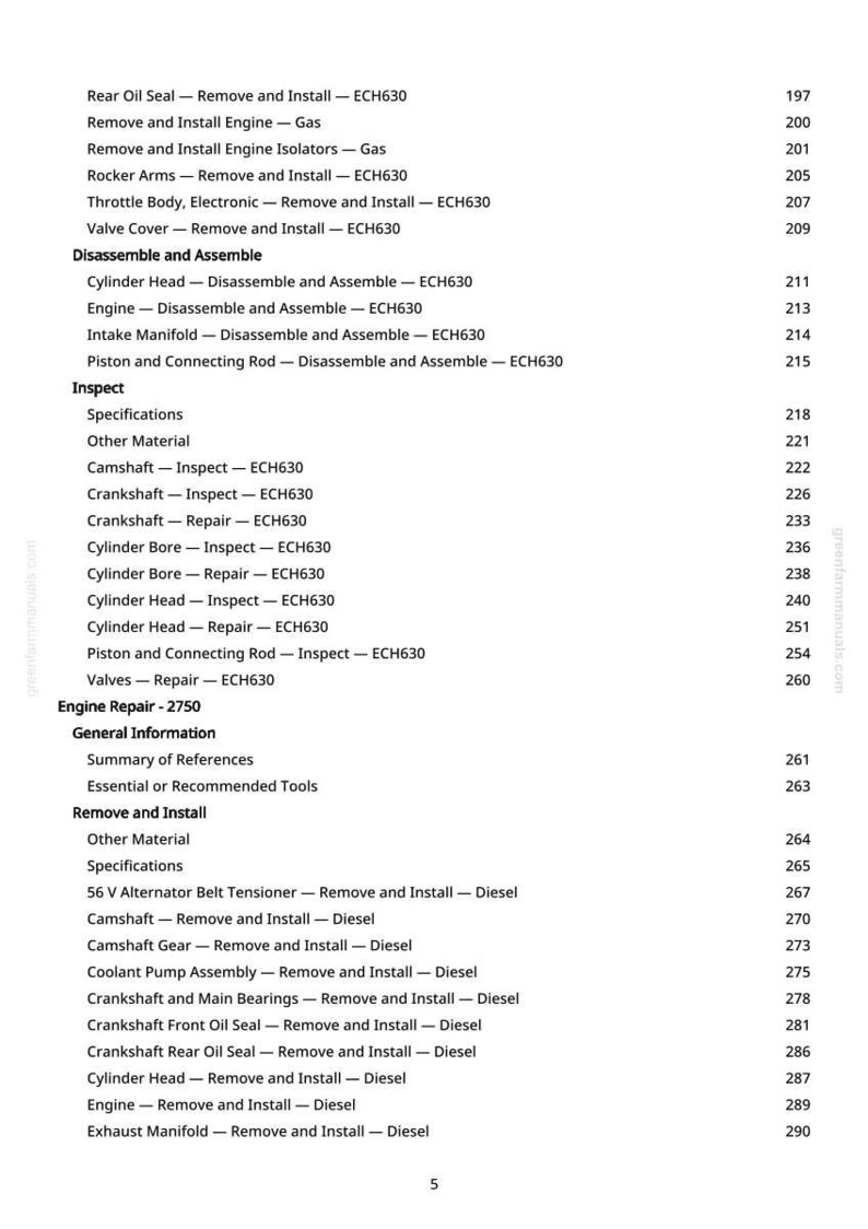 May include: A page from a manual with a table of contents for engine repair. The text includes sections on disassembly, inspection, and removal of engine components, such as the cylinder head and crankshaft.
