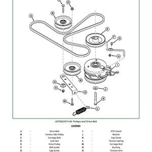 May include: Diagram showing pulleys and a drive belt, labelled A to O. The image includes a drive belt, tension idle pulley, carriage bolt, lock nut, drive pulley, belt guide, cap screw, and tension arm. Text at the bottom reads "GXT002937-UN: Pulleys and Drive Belt."