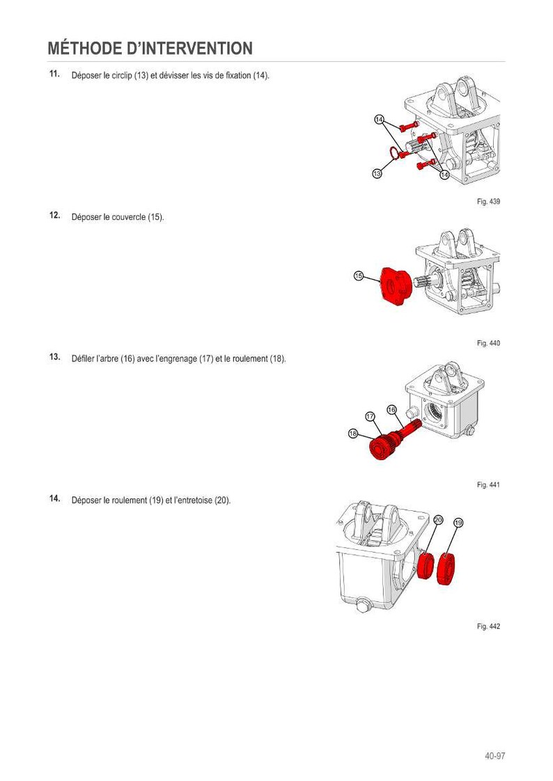 May include: Diagram of mechanical components with the title "M&Eacute;THODE D'INTERVENTION". The image shows a series of steps with illustrations of parts being disassembled, including screws, circlips, and bearings. The text is in French.