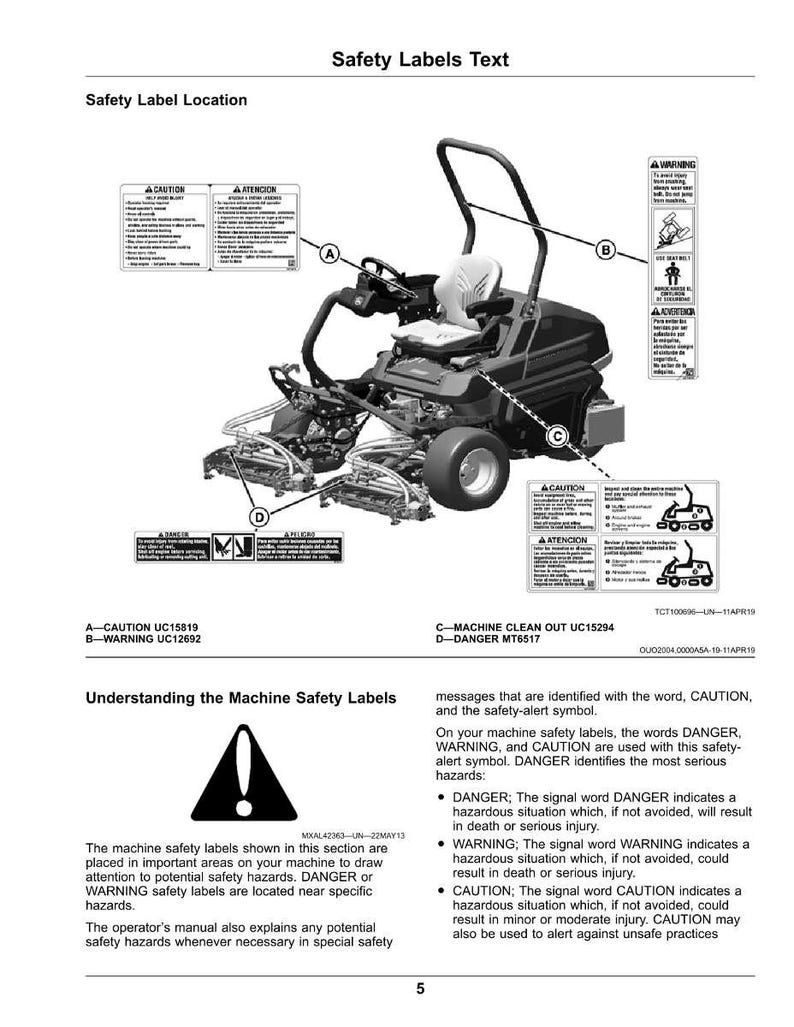 May include: Diagram of a riding lawn mower with safety labels. The image includes text explaining the location and meaning of safety labels, including "DANGER," "WARNING," and "CAUTION." The mower is black and gray.