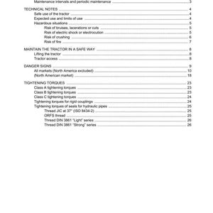 May include: A white document with a table of contents for a tractor manual. The document includes sections on safety, technical notes, and tightening torques. The Argo Tractors logo is at the top.