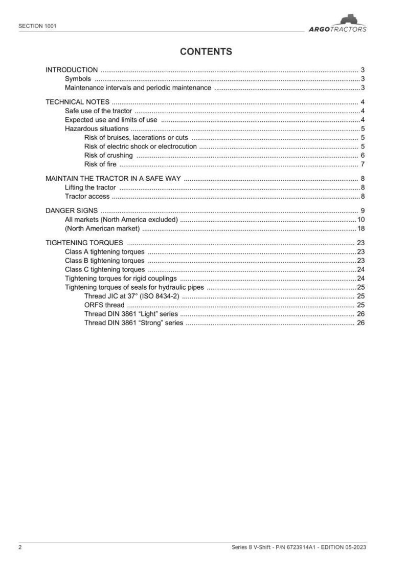 May include: A white document with a table of contents for a tractor manual. The document includes sections on safety, technical notes, and tightening torques. The Argo Tractors logo is at the top.