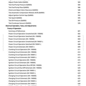 May include: A manual page detailing electrical operation tests and adjustments. The text includes items such as "Governor Static Adjustment," "Test Fuel Pump Pressure," and "Ignition Circuit Operation."