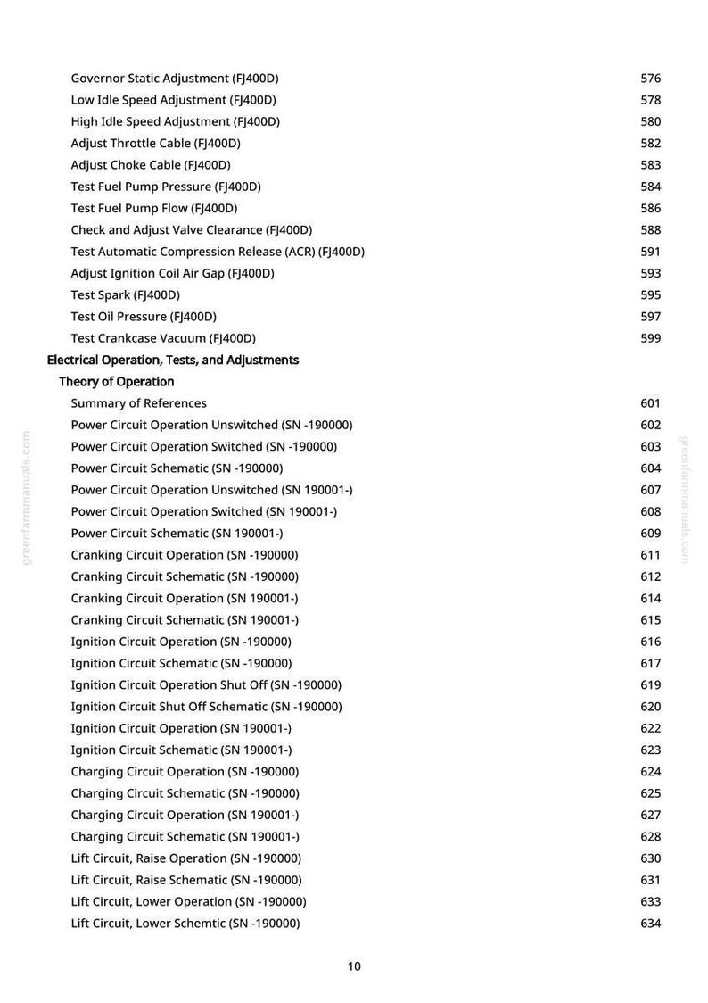 May include: A manual page detailing electrical operation tests and adjustments. The text includes items such as "Governor Static Adjustment," "Test Fuel Pump Pressure," and "Ignition Circuit Operation."