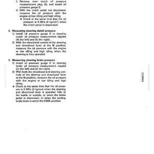 May include: A page from a manual with text detailing procedures for measuring clutch and brake pressure in a vehicle's steering and clutch systems. Includes instructions for installing gauges and checking pressure at different engine speeds.