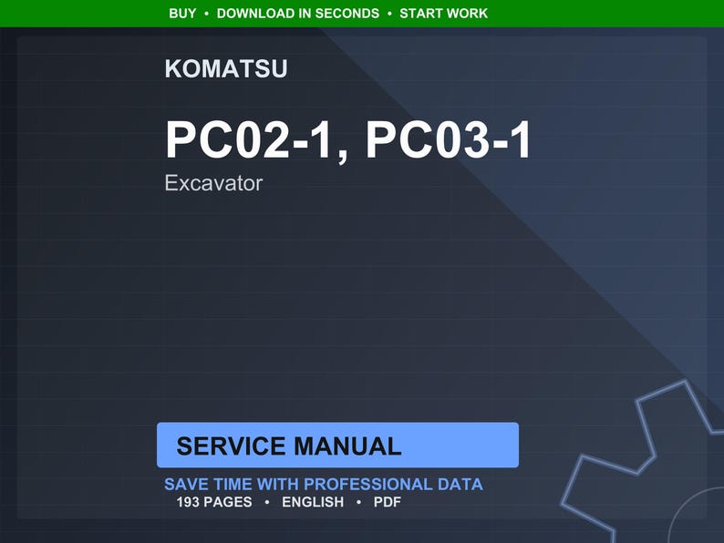 Pode incluir: Manual de servi&ccedil;o digital para escavadeiras Komatsu PC02-1 e PC03-1. O fundo azul escuro apresenta o logotipo da Komatsu e os n&uacute;meros do modelo da escavadeira em branco. O manual inclui 193 p&aacute;ginas de dados profissionais em ingl&ecirc;s e formato PDF.