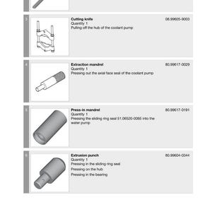 May include: Image of a page from a special tools catalog. The page features several tools, including an auxiliary bridge, cutting knife, extraction mandrel, press-in mandrel, and extrusion punch. Each tool is accompanied by a description and part number.