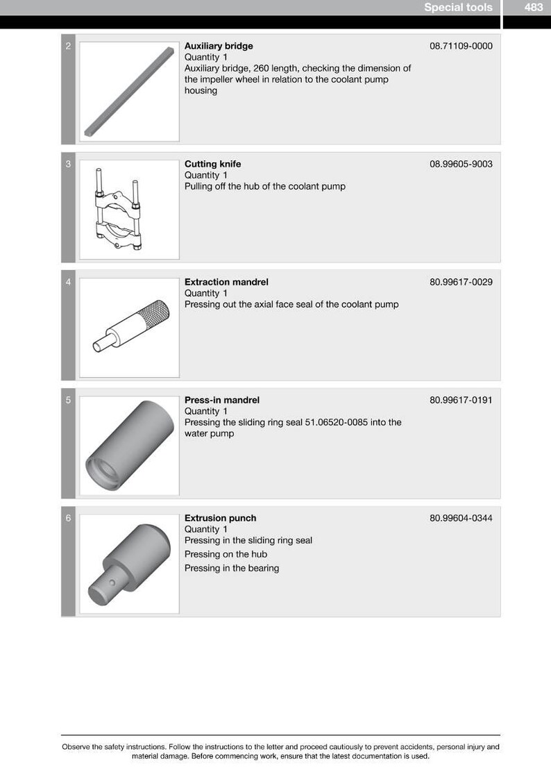 May include: Image of a page from a special tools catalog. The page features several tools, including an auxiliary bridge, cutting knife, extraction mandrel, press-in mandrel, and extrusion punch. Each tool is accompanied by a description and part number.