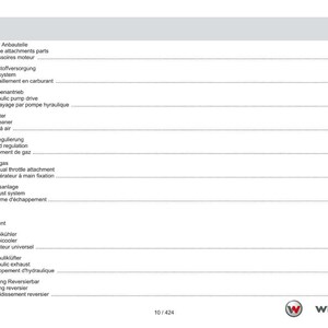 May include: A page from a manual with a table of contents in German, English, and French. The table lists engine components, fuel systems, and cooling systems. The Weidemann logo is at the bottom.