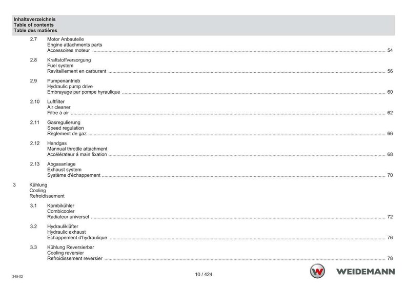 May include: A page from a manual with a table of contents in German, English, and French. The table lists engine components, fuel systems, and cooling systems. The Weidemann logo is at the bottom.