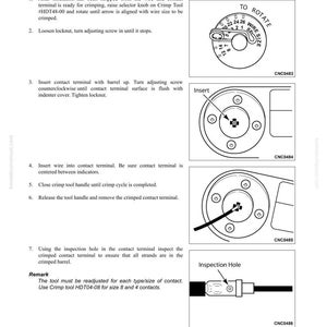 Puede incluir: Diagrama de los procedimientos de crimpado de terminales de contacto. Las instrucciones incluyen pelar el cable, ajustar los tornillos, insertar los terminales e inspeccionar el ca&ntilde;&oacute;n crimpado. El texto incluye "CRIMPING CONTACT TERMINAL (HD30 TYPE)" y "CONNECTOR REPAIR PROCEDURES".