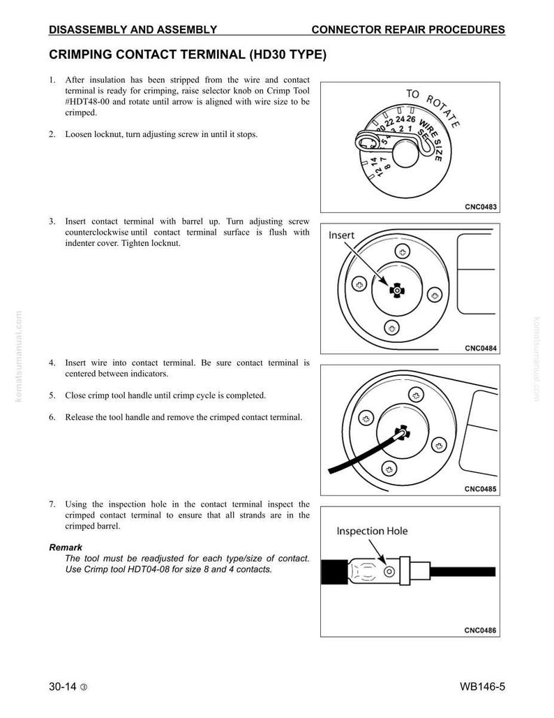 Puede incluir: Diagrama de los procedimientos de crimpado de terminales de contacto. Las instrucciones incluyen pelar el cable, ajustar los tornillos, insertar los terminales e inspeccionar el ca&ntilde;&oacute;n crimpado. El texto incluye "CRIMPING CONTACT TERMINAL (HD30 TYPE)" y "CONNECTOR REPAIR PROCEDURES".