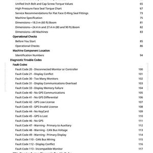 May include: A white-background page from a manual with a table of contents. The text includes "Machine Specifications," "Fault Codes," and "Diagnostic Trouble Codes." Measurements are listed in feet.