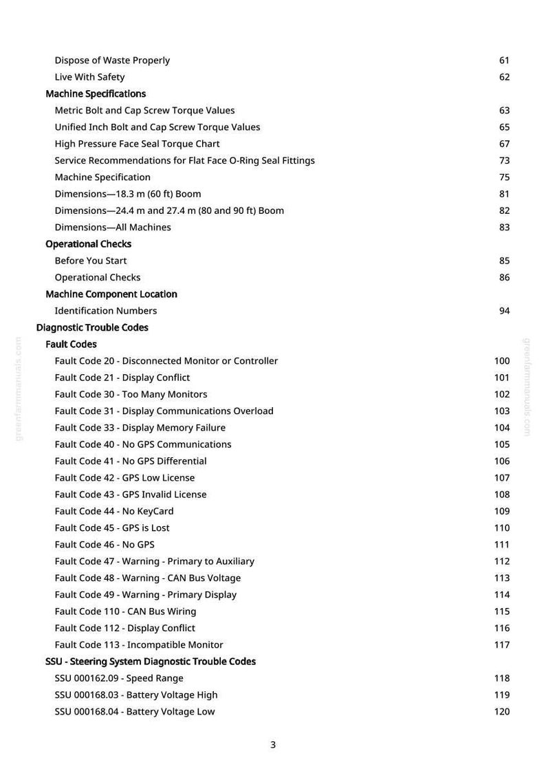 May include: A white-background page from a manual with a table of contents. The text includes "Machine Specifications," "Fault Codes," and "Diagnostic Trouble Codes." Measurements are listed in feet.