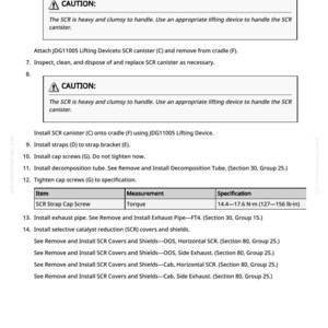 May include: A manual page detailing automotive repair procedures. Instructions cover removing and installing components such as sensors and exhaust pipes. A warning advises caution when handling heavy parts.