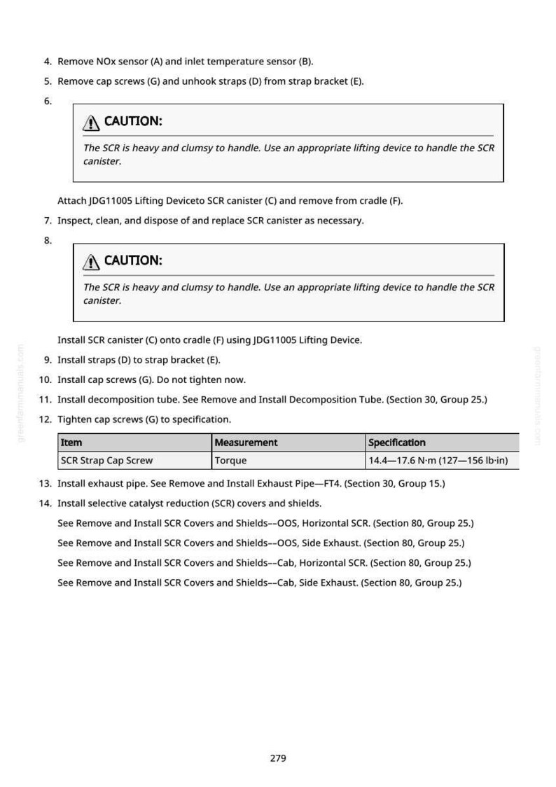 May include: A manual page detailing automotive repair procedures. Instructions cover removing and installing components such as sensors and exhaust pipes. A warning advises caution when handling heavy parts.