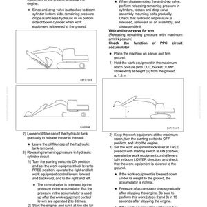 Pode incluir: Diagrama de um procedimento de teste e ajuste do sistema hidr&aacute;ulico. A imagem inclui ilustra&ccedil;&otilde;es de uma escavadeira e instru&ccedil;&otilde;es para liberar a press&atilde;o, verificar o acumulador e outras etapas de manuten&ccedil;&atilde;o. O texto inclui medidas em metros.