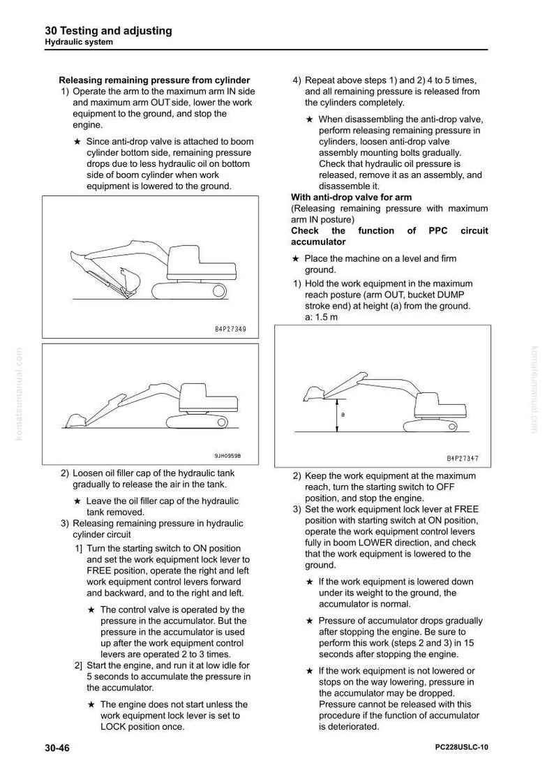 Pode incluir: Diagrama de um procedimento de teste e ajuste do sistema hidr&aacute;ulico. A imagem inclui ilustra&ccedil;&otilde;es de uma escavadeira e instru&ccedil;&otilde;es para liberar a press&atilde;o, verificar o acumulador e outras etapas de manuten&ccedil;&atilde;o. O texto inclui medidas em metros.
