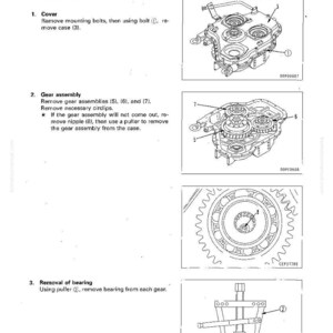 Op de afbeelding: Diagram van de demontage-instructies van de PTO-assemblage. Bevat illustraties van het verwijderen van de afdekking, het verwijderen van de tandwielassemblage en het verwijderen van het lager. Tekst bevat genummerde stappen en onderdeelverwijzingen.