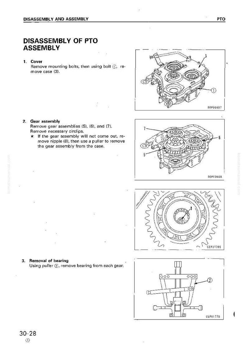 Op de afbeelding: Diagram van de demontage-instructies van de PTO-assemblage. Bevat illustraties van het verwijderen van de afdekking, het verwijderen van de tandwielassemblage en het verwijderen van het lager. Tekst bevat genummerde stappen en onderdeelverwijzingen.
