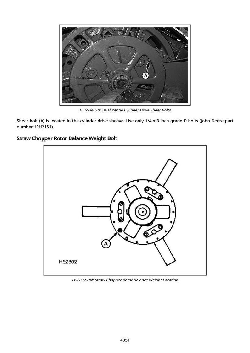 May include: Diagram of a mechanical component with the text "H55534-UN: Dual Range Cylinder Drive Shear Bolts" and "Straw Chopper Rotor Balance Weight Bolt". Includes a close-up of a gear and a schematic of a rotor.