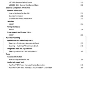 May include: A manual page detailing technical information, including "Electrical Component Information" and "AutoTrac Steering." The text is organised with headings, subheadings, and numerical references, with page numbers visible.