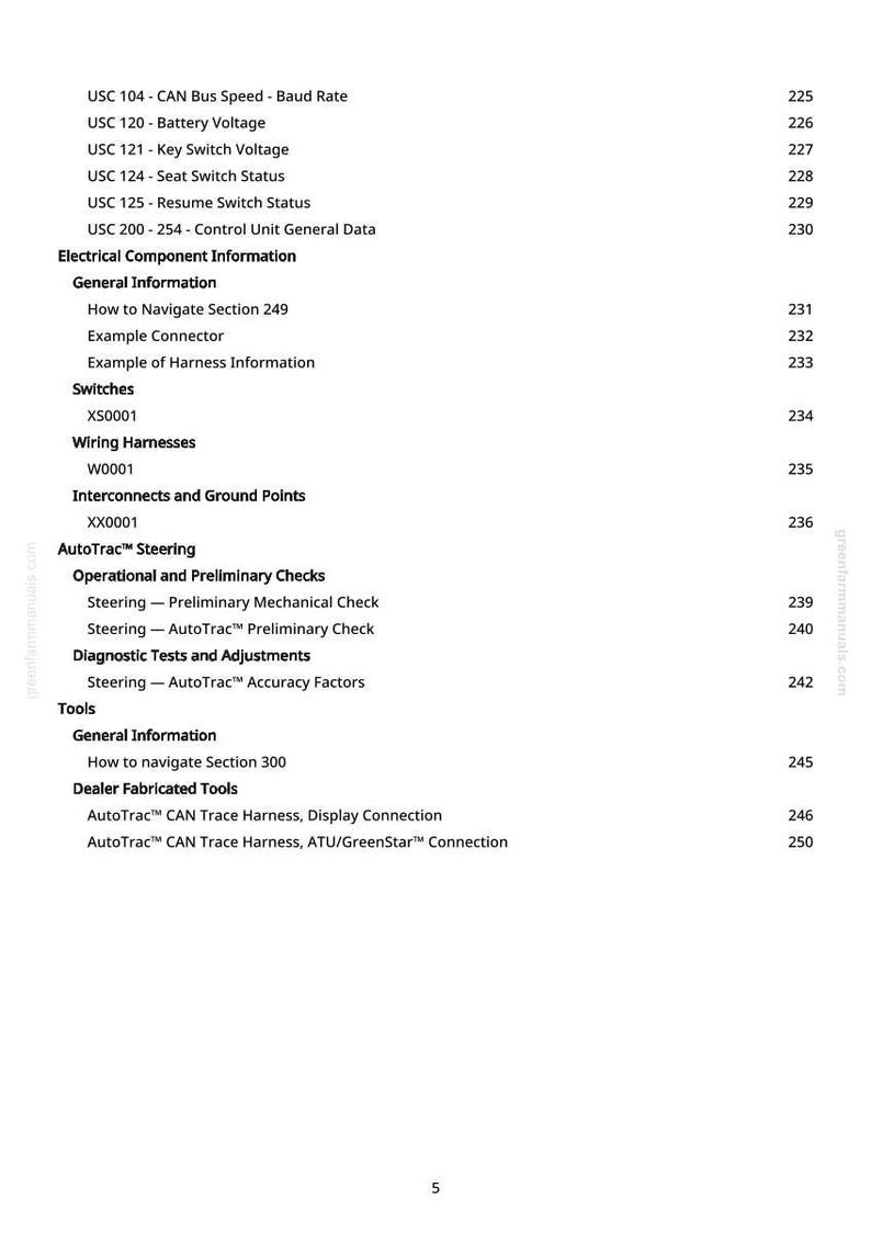May include: A manual page detailing technical information, including "Electrical Component Information" and "AutoTrac Steering." The text is organised with headings, subheadings, and numerical references, with page numbers visible.
