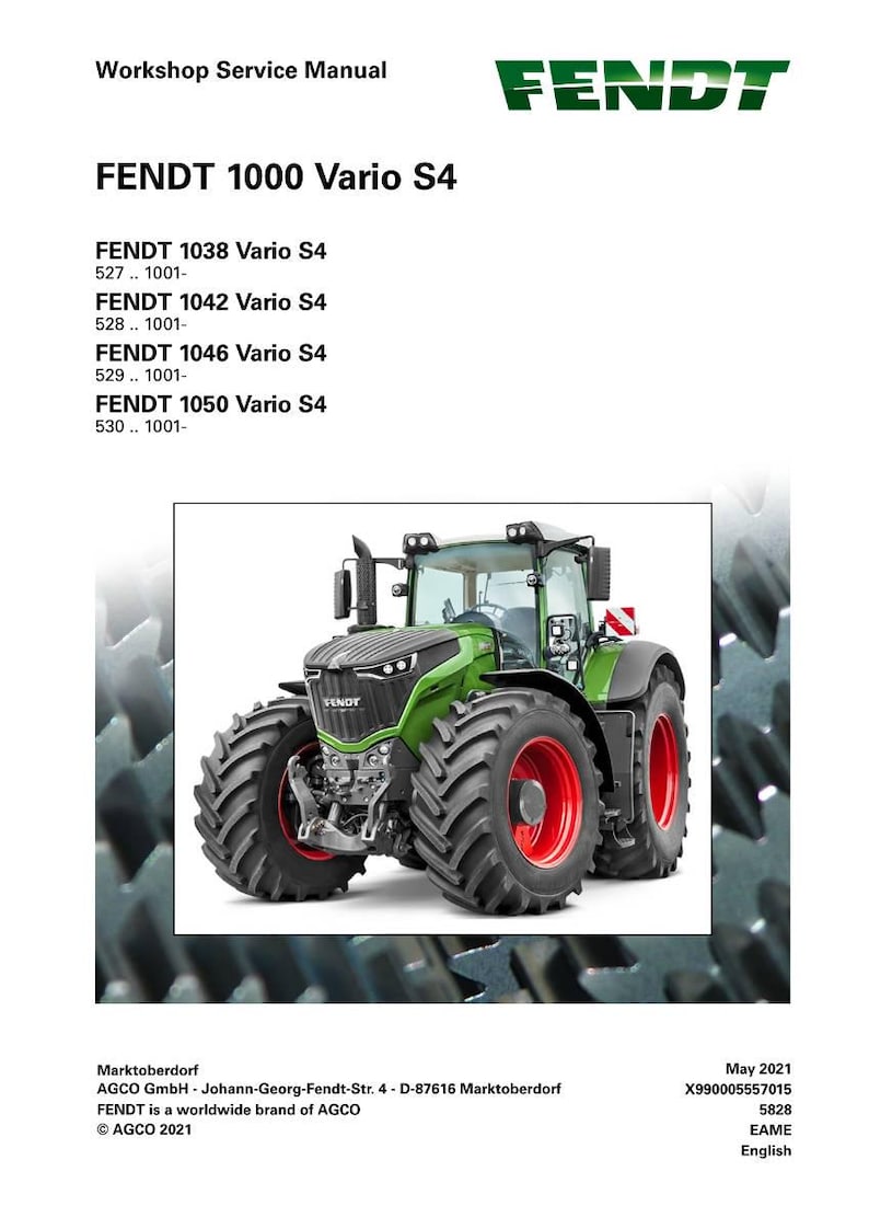 May include: A workshop service manual cover featuring a green and black Fendt tractor with red wheel rims. The text reads "FENDT 1000 Vario S4" and lists several model numbers. The Fendt logo is prominently displayed.